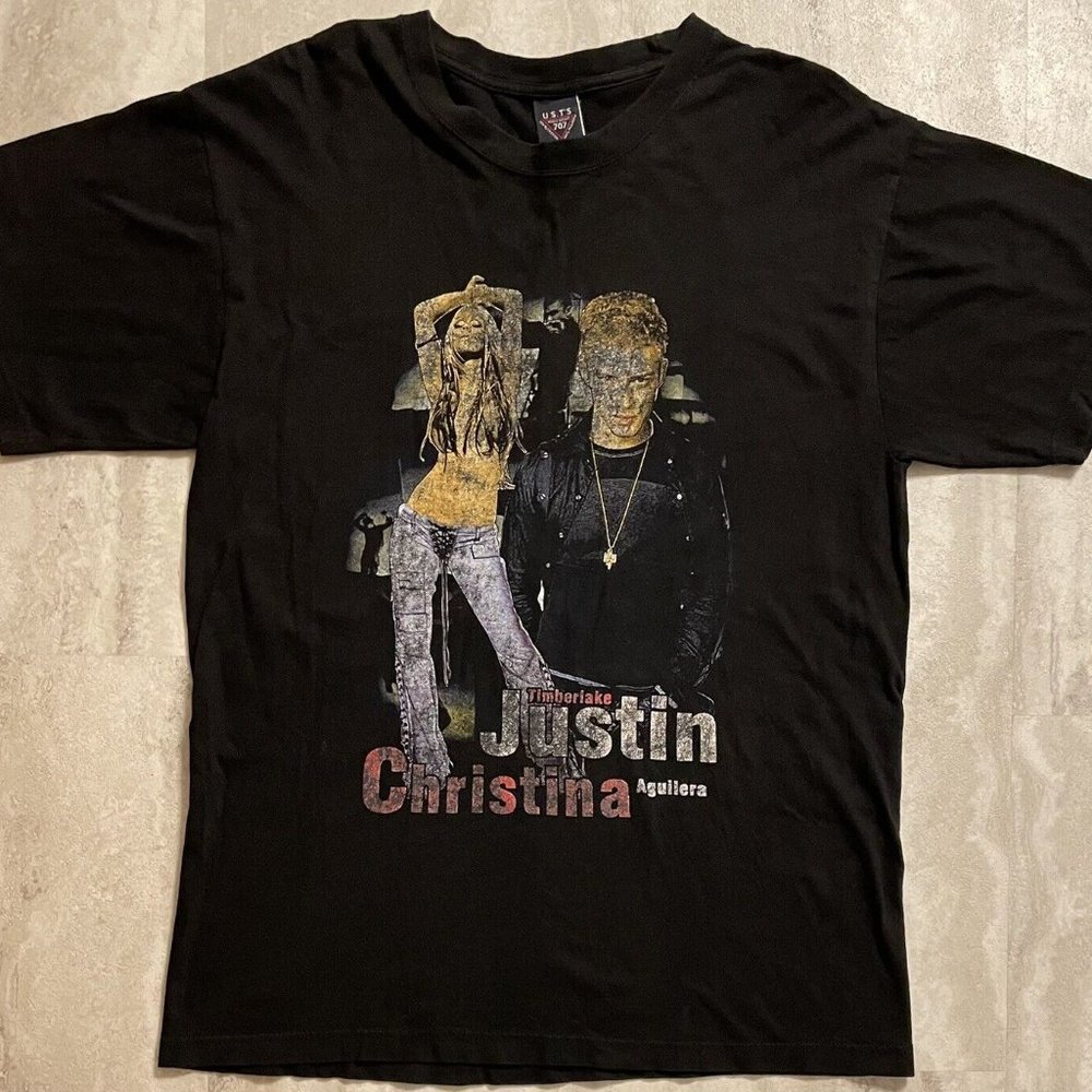 Vintage 2003 Justin Timberlake Christina Aguilera Shirt Stripped Tour XL Fade
